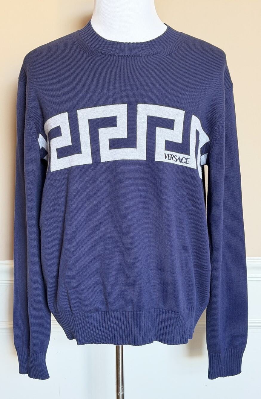 Versace Greca Knit Cotton Sweater Blue 50 Euro (Large) 1021724 NWT $1125